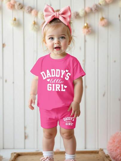 SHEIN Baby Girl Casual Minimalist Letter Print Short Sleeve T-Shirt And Shorts Set, Suitable For Summer