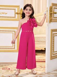 SHEIN Leap Crew 年轻女孩纯色单肩3D花朵修身休闲连体裤