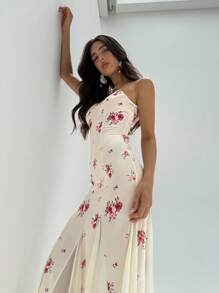 Aloruh 女士V领花卉印花修身美人鱼连衣裙，适合节日约会，春夏季 - 彩色 - 查看 8