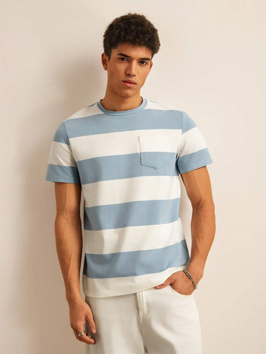 SWAVVY Men Pocket Patched Colorblock Short Sleeve Tee, Vacation, Boyfriend Gift, Summer