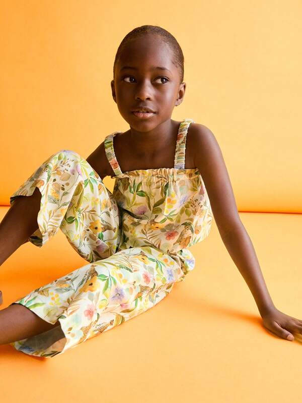 THE HAPPY LOOK Young Girls Spaghetti Strap Ruffled Tank Top And Floral Wide Leg Pants Set