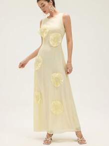 Aveloria Rosie French Romantic Elegant Handmade 3D Sunflower Decor Sleeveless Round Neck Cinched Waist Slim Fit Casual Vacation Dress For Women All Over Print  For Summer Spring Fall Autumn