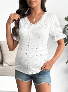 SHEIN 纯色蕾丝花边镂空孕妇上衣 - 白色 - 查看 7