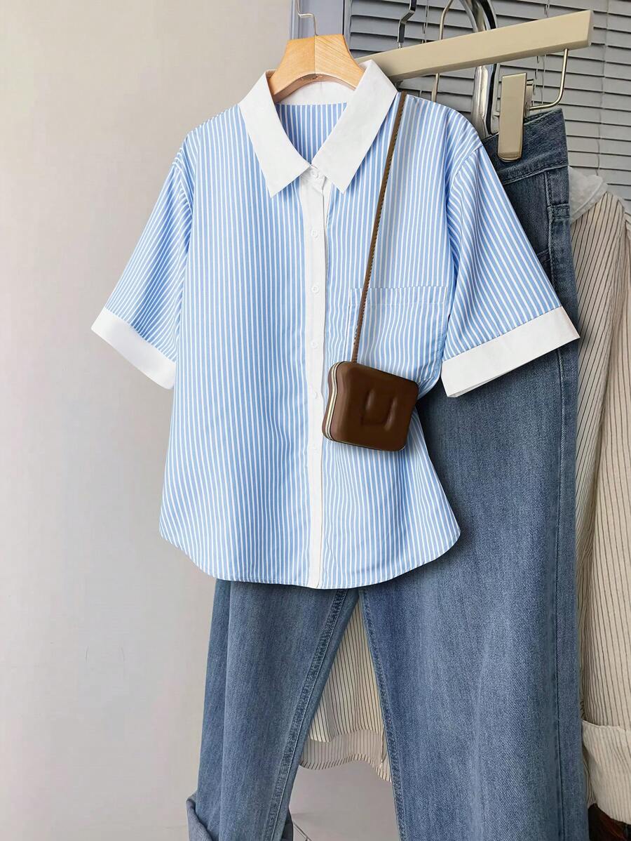 SHEIN LUNE 大码条纹印花撞色单排扣短袖衬衫 - 藍色 - 查看 1
