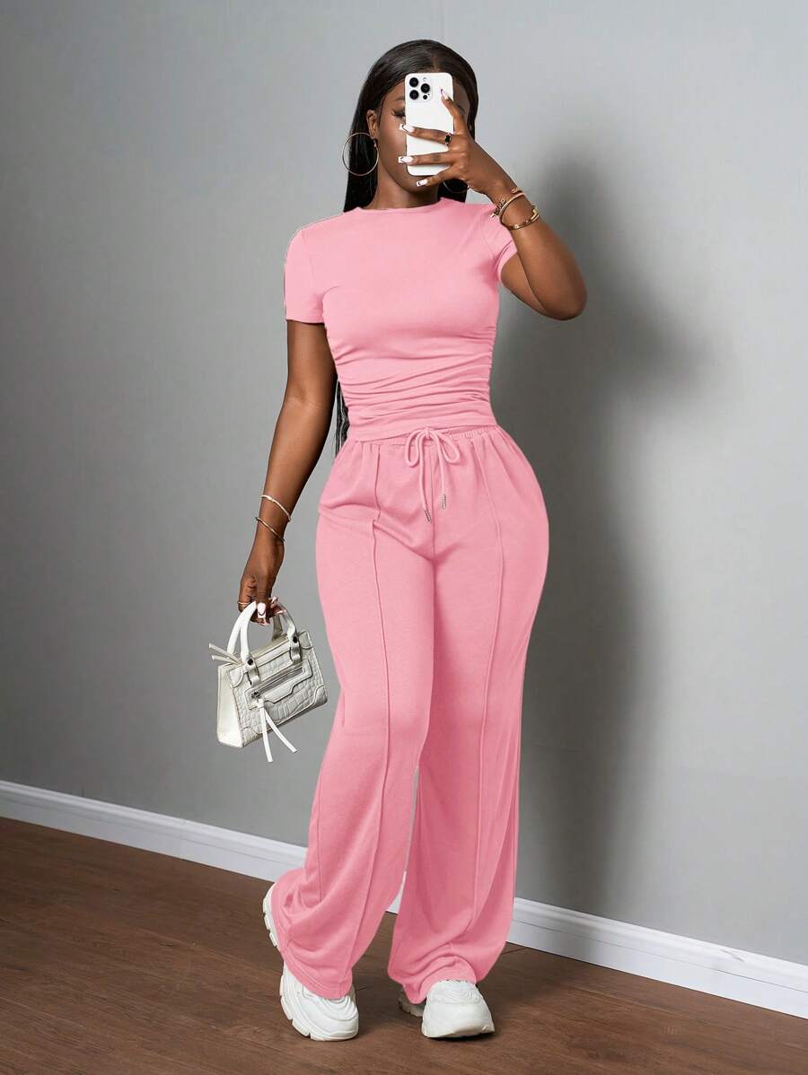 Slaydiva 2025 New Women's Casual Solid Color Round Neck Slim Short Sleeve T-Shirt And Drawstring Waist Straight Pants Two Pieces Set, Spring And Summer, Brown, Suitable For Music Festivals, Easter, St. Patrick, Daily Outings, Parties, Graduation Season, Sports And Leisure,Daily Basic , Back To School, Party Comfortable Two Piece Set Casual Two Piece Set - Pink - View 1