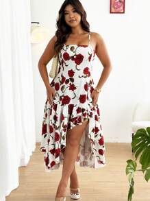 SHEIN Clasi Plus Size Women Elegant Floral Print Asymmetric Hem Slip Dress, Summer - Red and White - View 3