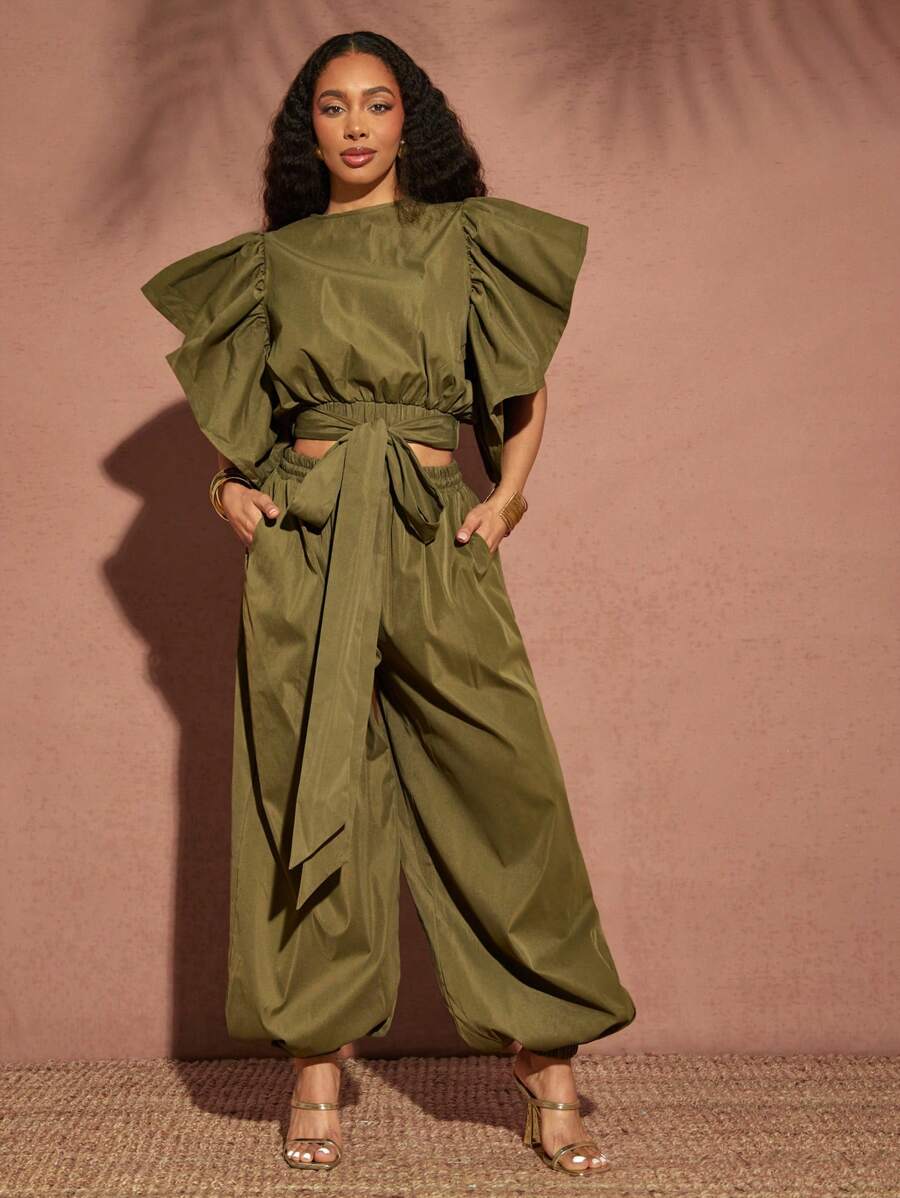 Vixey 抽绳腰纯色梭织慢跑裤，波西米亚风女装，女士夏季服装，女士度假服装，海岛度假服装