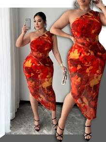 SHEIN SXY Plus Size Women's Tie-Dye Print Mesh Fabric One-Shoulder Ruched Top And Asymmetric Hem Bodycon Skirt 2 Pieces Set, Suitable For Early Spring, Spring And Summer, Rainforest, Beach Party, Seaside Vacation, Bonfire Party, Cool And Light, Slim Fit, Comfortable To Wear, Easy To Match, Flatters The Figure - Multicolor - View 1