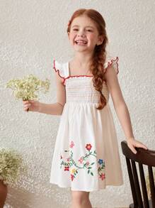 Blossori Vestido de lino sin mangas con estampado floral para vacaciones para niñas jóvenes - Blanco - Ver 5