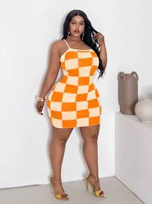Slaydiva Abito casual a maglia aderente con fantasia a quadri e bretelle, taglie forti
