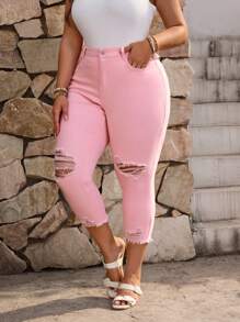EMERY ROSE Plus Size Simple Plain Ripped Skinny 7/8 Length Denim Jeans - Pink - View 5