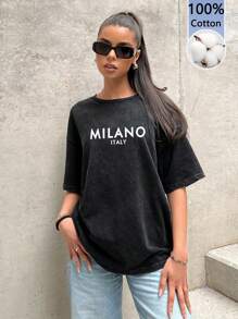 Muchica Camiseta de manga corta y cuello redondo de algodón 100% holgada con lavado vintage y gráfico "Milano Italy", adecuada para el verano