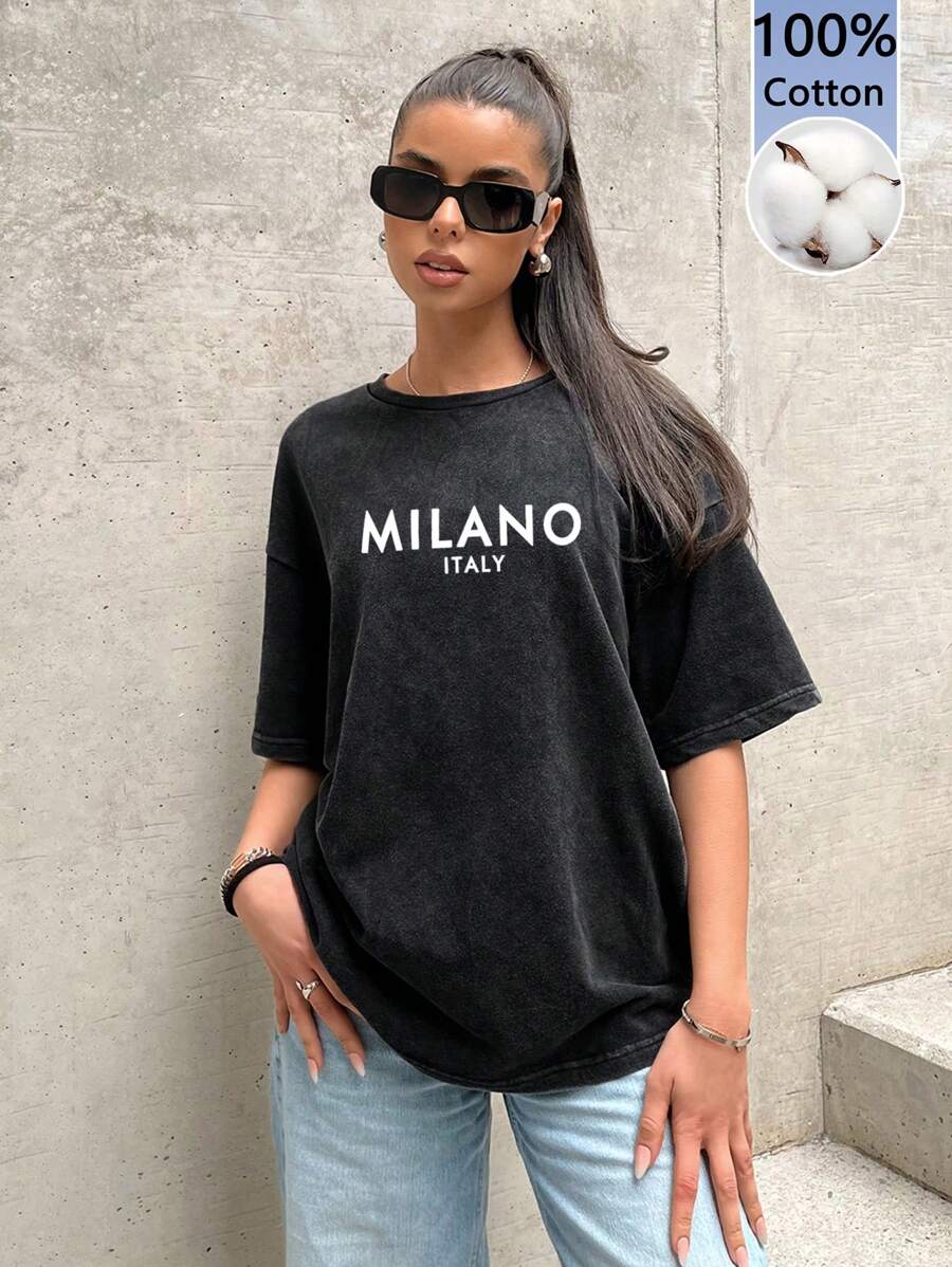 Muchica Camiseta de manga corta y cuello redondo de algodón 100% holgada con lavado vintage y gráfico "Milano Italy", adecuada para el verano