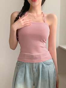 DAZY Camiseta de tirantes ajustada de unicolor y cuello halter, de uso versátil y casual para mujer - Rosa - Ver 5