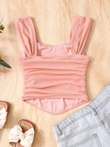 Tween Girl Cute Summer Sweetheart Collar Solid Ruched Wide Strap Top - Baby Pink - View 2