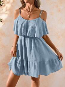 Amorya Vestido de verano elegante y romántico de mujer con tirantes de espagueti, volantes y bajo con volantes en color verde sólido texturizado de gasa