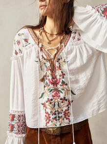 Bohemela 大码波西米亚风格花卉印花系带长袖衬衫 - 白色 - 查看 4