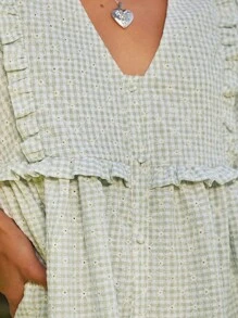 WESTFADE Summer Flower Embroidered Gingham Eyelet V Neck Button Front Ruffle Half Sleeve Mini Babydoll Dress Spring Country Nashville Cowgirl Music Concert Outfit - Green - View 4
