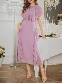 Modelyn French Design Flare Sleeve Tie-Front Midi Dress - Mauve Purple - View 6
