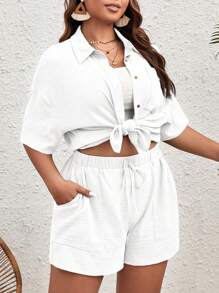 SHEIN VCAY 2pcs/Set Plus Size Women Solid Color Short Sleeve Single-Breasted Shirt And Shorts,Summer Outfits For Women - White - View 5