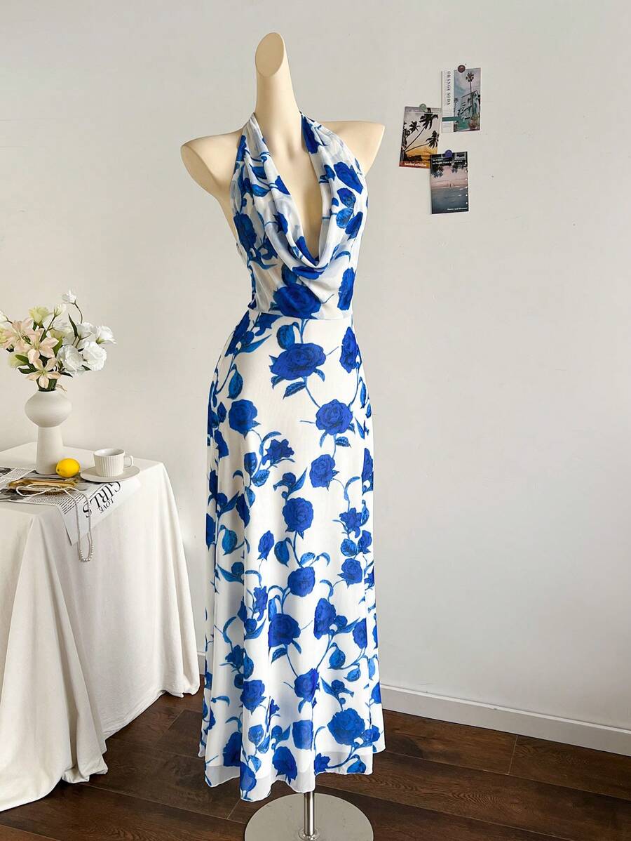 Soleia Nuevo vestido de primavera y verano con estampado de rosas, escote de atar, espalda descubierta, elástico y malla larga - Azul y blanco - Ver 1