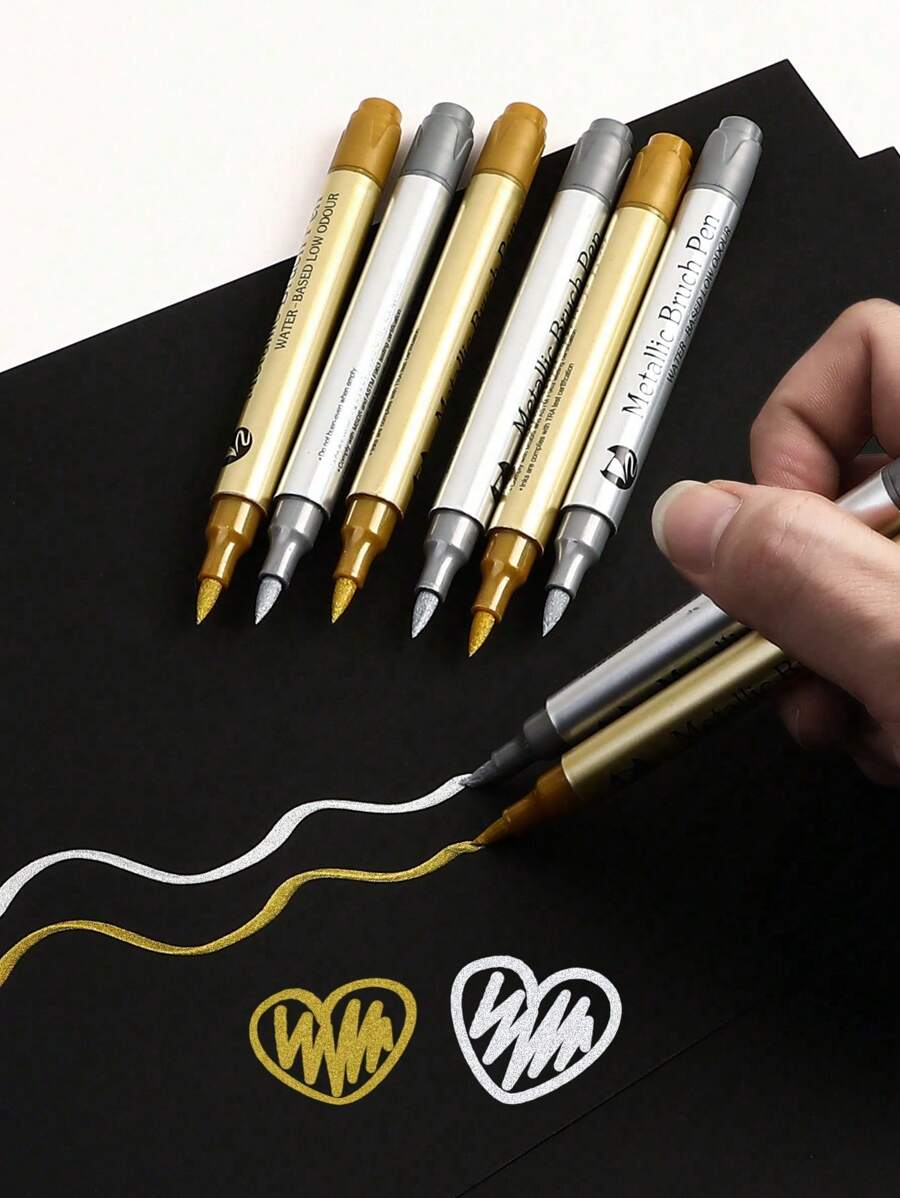 Gold And Silver Soft Tip Metallic Markers, Water-Based Oil Paint Pens For Greeting Cards, Drawing, Signature, Calligraphy Back To School - Multicolor - View 1