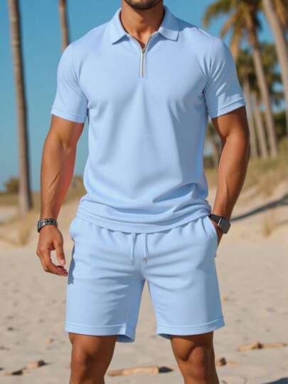Manfinity Dauomo Men Solid Color Short Sleeve Casual Polo Shirt And Shorts Set