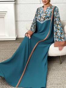 Al Najma 女士优雅花卉印花缺口领宽松中长连衣裙，端庄 - 青碧色 - 查看 4