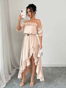 Rafferiza Fashion New Solid Color Off Shoulder Ruffle Hem Elastic Waist Dress For Women