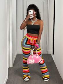 Slaydiva Plus Size Women Waist Tie Striped Hollow Out Knitted Pants In Fall/Winter