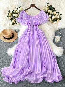 DreamSkyne Váy dài đến đầu gối bằng vải voan nhiều lớp màu xanh Alice trễ vai thanh lịch, giản dị, sang trọng, dành cho phù dâu trong đám cưới mùa xuân/hè cỡ lớn dành cho phụ nữ - Màu tím - Xem 2