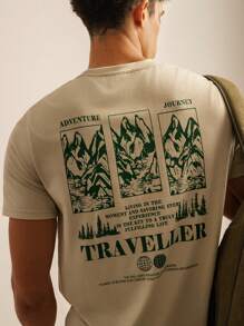 SWAVVY Men Knitted Casual Short Sleeve T-Shirt With Mountain Graphic Print At The Back, Boxy Tee, Boyfriend Gift, Summer