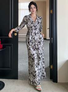 DAZY Mono elegante con bolsillos y cinturón, estampado completo para mujeres