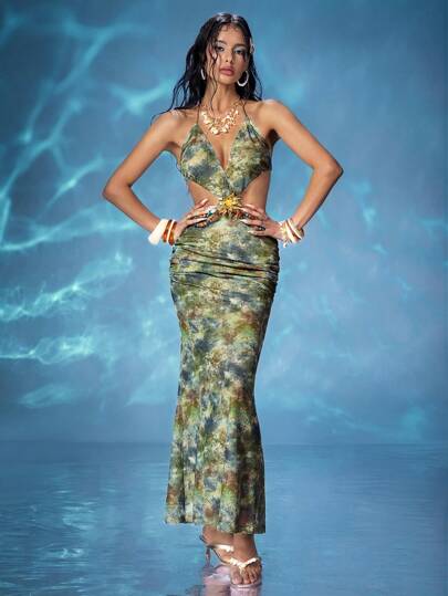 Hippie Vestito lungo da donna a sirena con retro aperto, in tessuto retrò e in rete, adatto per le vacanze al mare