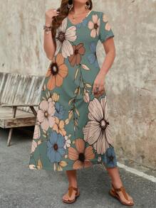 EMERY ROSE 大码女式休闲复古花卉V领短袖连衣裙，适合夏季 - 彩色 - 查看 5