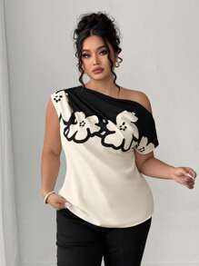 Elenzga Plus Size Women Holiday Floral Print Asymmetric Collar Ruched Blouse - Multicolor - View 4