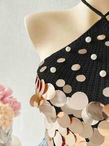 SHEIN Unity Sexy Versatile Vacation Style Beaded Halter Neck Knit Top - Black - View 3