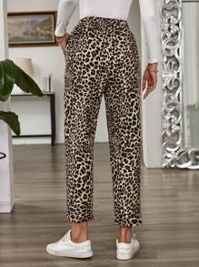 SHEIN PETITE CURVE Leoparden-Muster Lässig Hose mit Taschen und Knotendesign in Große Größen, Sommerhose, Frühling, Abschlussfeier - Braun - Übersicht 2
