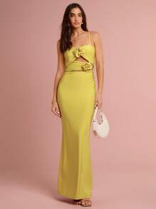 Enchnt Sukienka damska w jednolitym kolorze z aplikacją i marszczeniami - Żółty - Zobacz 1