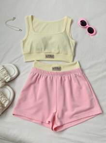 Comfortcana Women's Summer Vacation Letter Print Tank Top And Contrast Color Block Shorts Set, 2 Pieces Outfit Island Vacation Outfits - Apricot - View 8