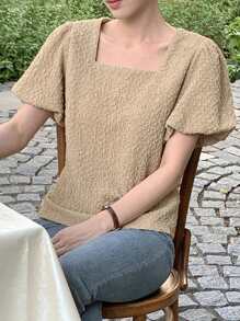 DAZY Crew Neck Puff Sleeve Cropped Backless Bowknot Short Sleeve Casual T-Shirt For Young Women - Khaki - View 5