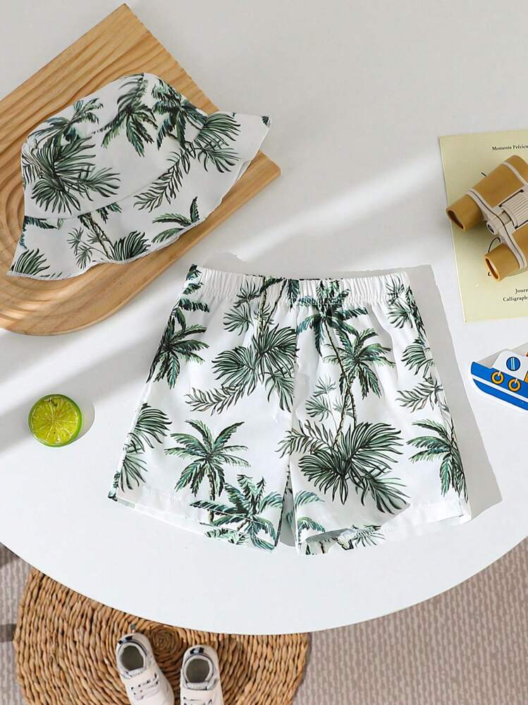 SHEIN Playful Pals Conjunto de Shorts + Chapéu com Estampa de Férias na Praia para Bebês Meninos - Verde - Visão 3