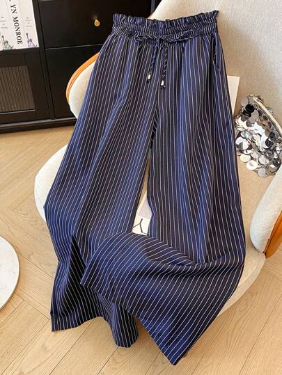 Franclia Women's Linen-Like Striped Decorative Hat, Flounced Waist Wide-Leg Pants, Casual Resort Style, Spring/Summer Fall Cloth For Women