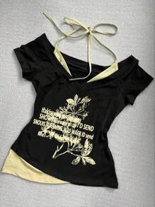 SHEIN Women's Summer Fashionable Color Blocking Slogan Print 2 In 1 T-Shirt - Multicolor - View 1