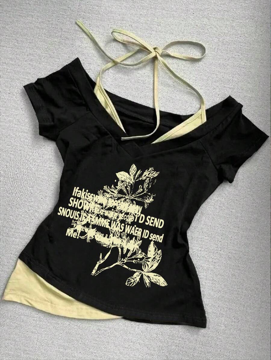 SHEIN Women's Summer Fashionable Color Blocking Slogan Print 2 In 1 T-Shirt - Multicolor - View 1