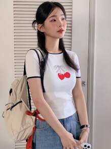 DAZY Women's Cherry Print Trim Round Neck Short Sleeve Casual T-Shirt Cute Tops