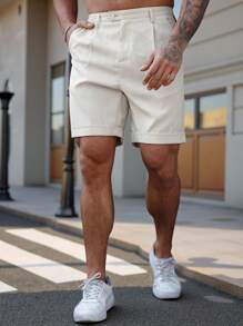 Manfinity Homme Pantalones cortos tipo bermuda casuales de talla grande para hombres, en color liso, con cierre de cremallera y bolsillos laterales inclinados, para el verano