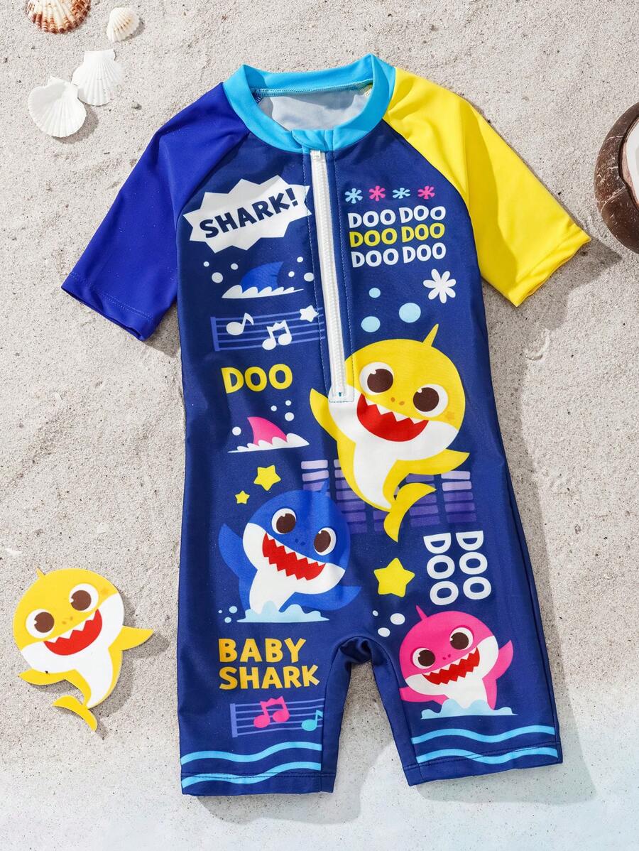 BABY SHARK X SHEIN 小男孩卡通可爱鲨鱼印花撞色拉链连体泳衣，夏季海滩 - 彩色 - 查看 1