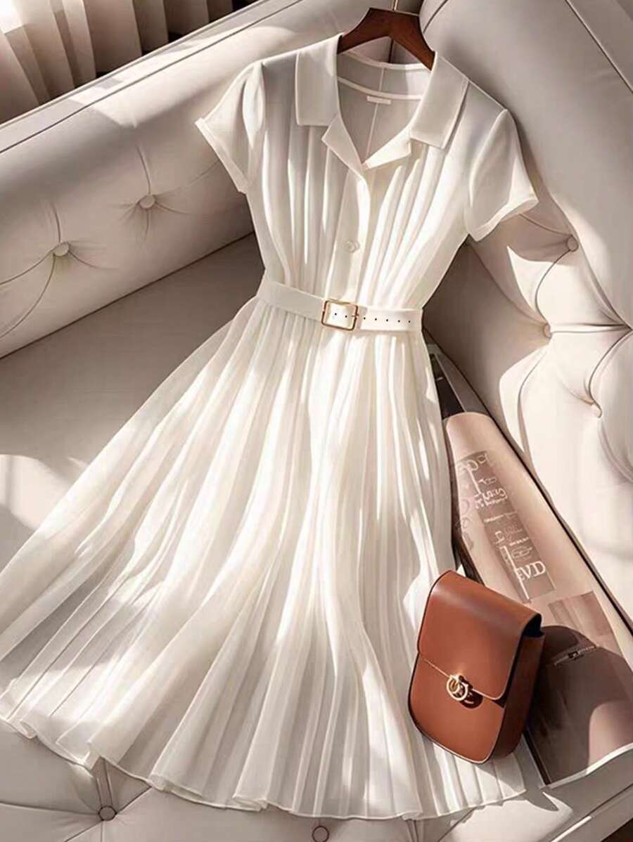 SHEIN LUNE Đầm dài màu trắng cổ polo thanh lịch tối giản kiểu Pháp mùa hè cho nữ - trắng - Xem 1