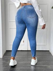 SHEIN SXY 大码女式蓝色纽扣前紧身牛仔裤 - 中等水洗藍 - 查看 2